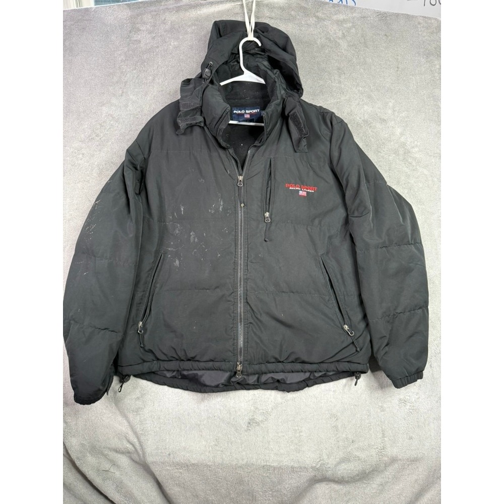 Vintage 90s Polo Sport Ralph Lauren Down Puffer Jacket Black Distressed Large